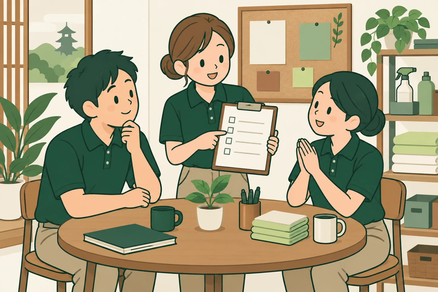 3人のスタッフが丸いテーブルで申し送りをするイメージイラスト