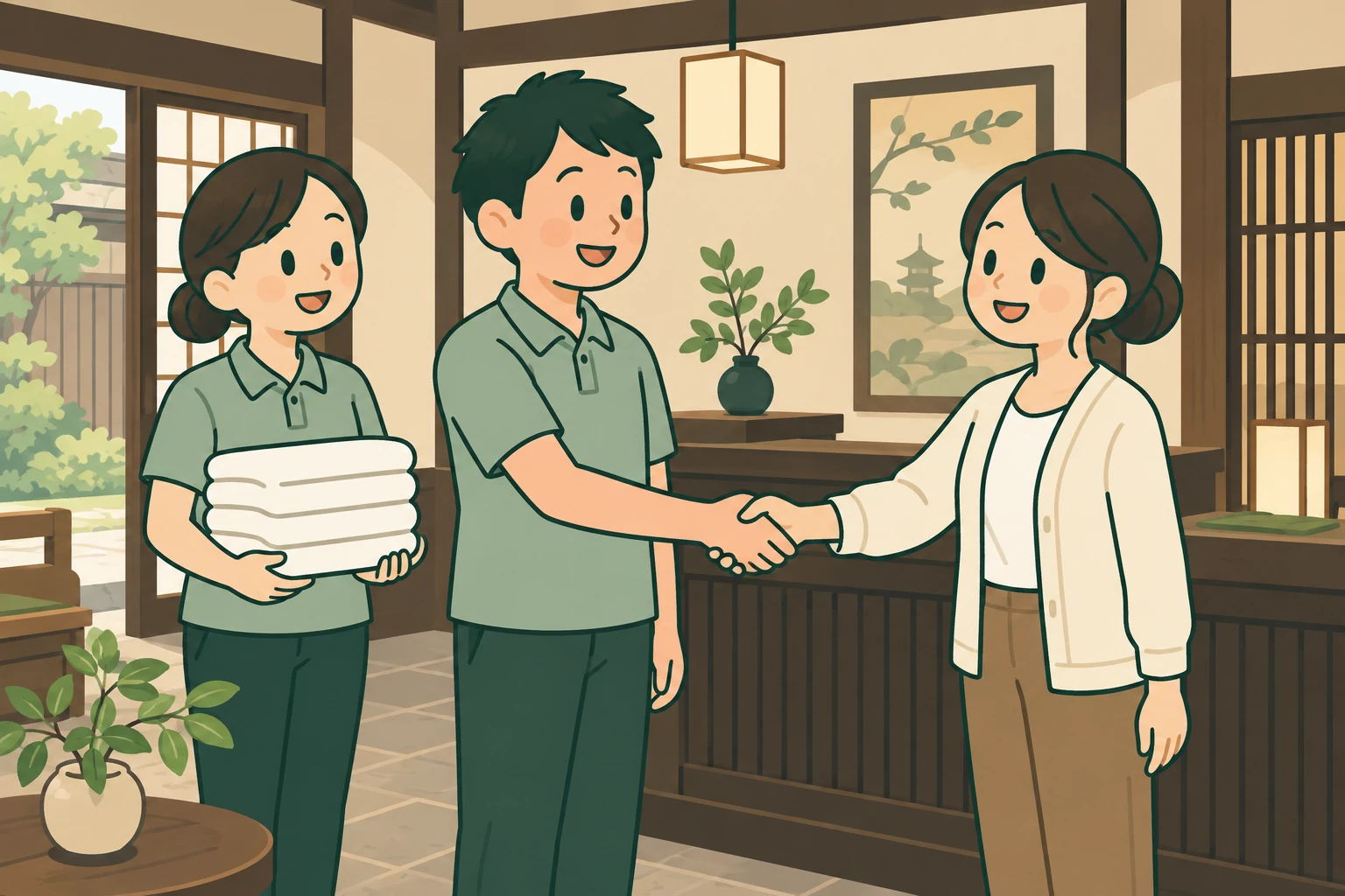 宿の運営者と清掃チームが握手を交わし、信頼関係を築くイメージイラスト