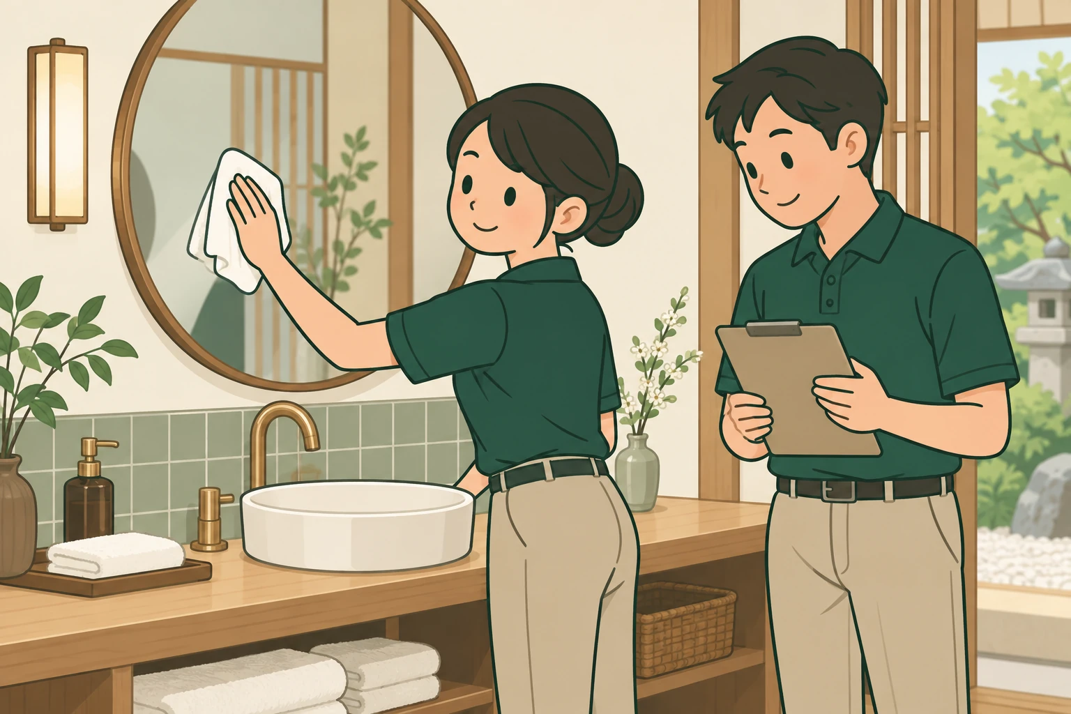 鏡と洗面台の仕上がりを、2人でチェックするイメージイラスト