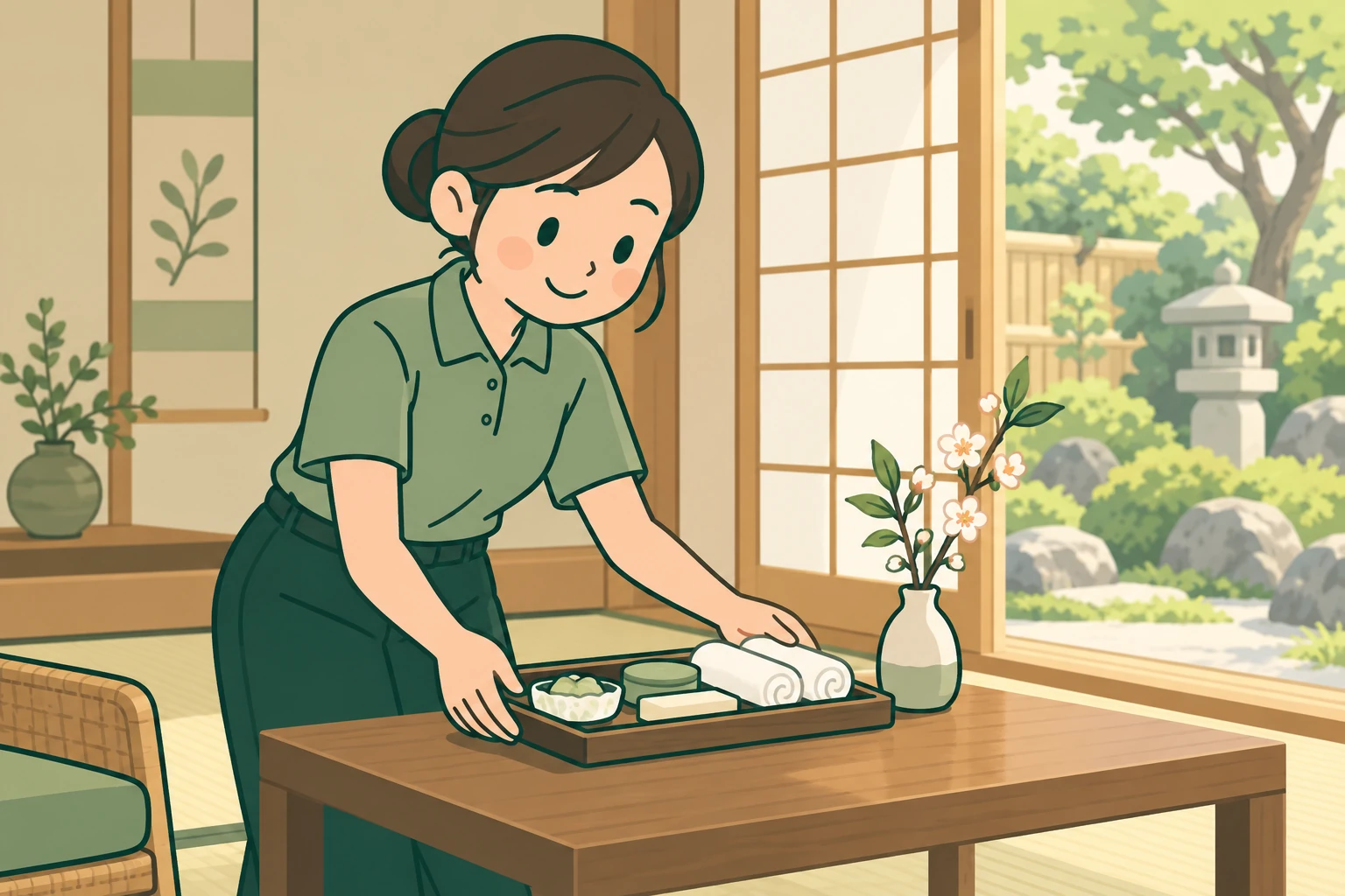 庭を望む客室で、アメニティと花を心を込めて整えるイメージイラスト