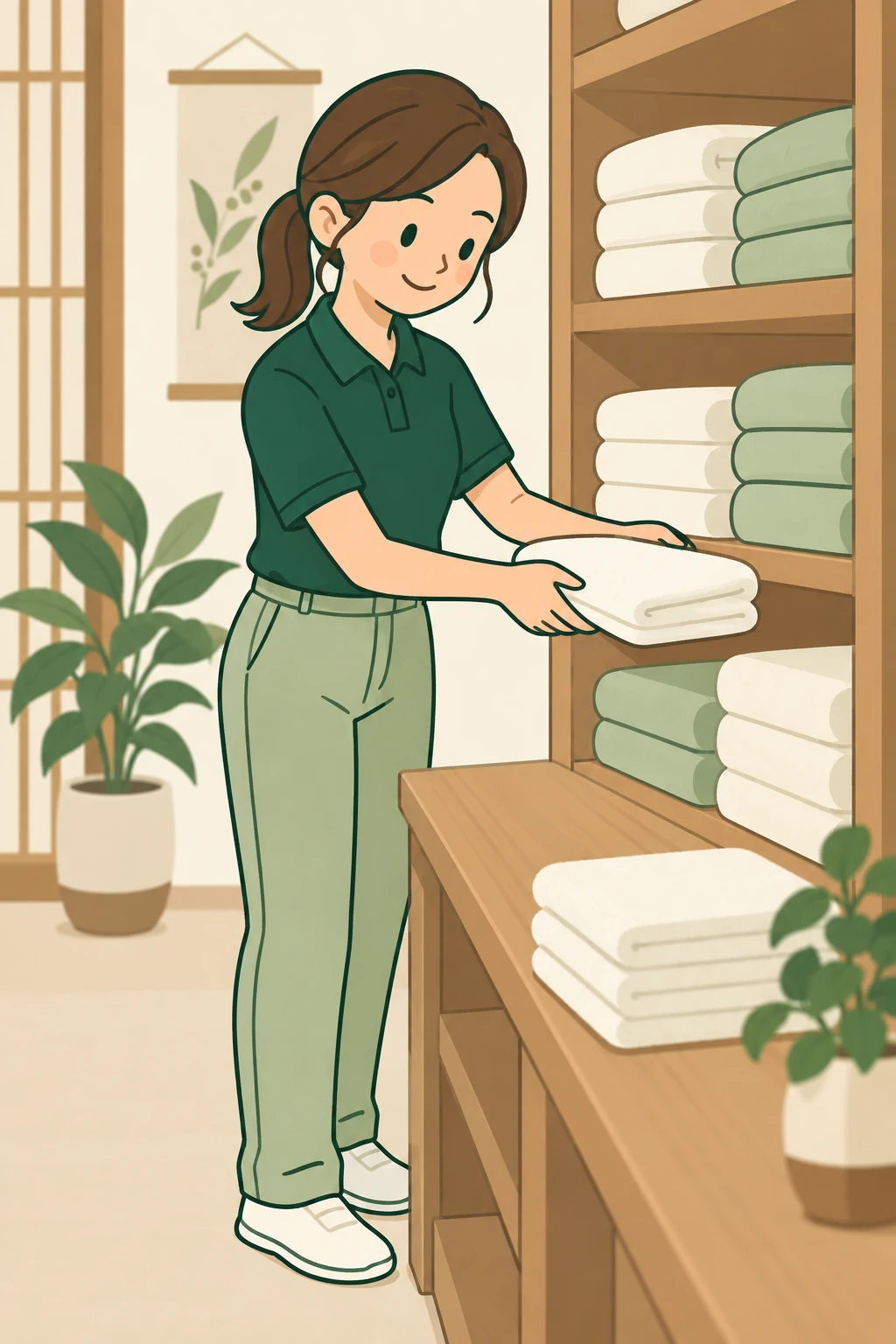 女性スタッフが白いタオルを丁寧に畳み、リネン棚へ整えるイメージイラスト