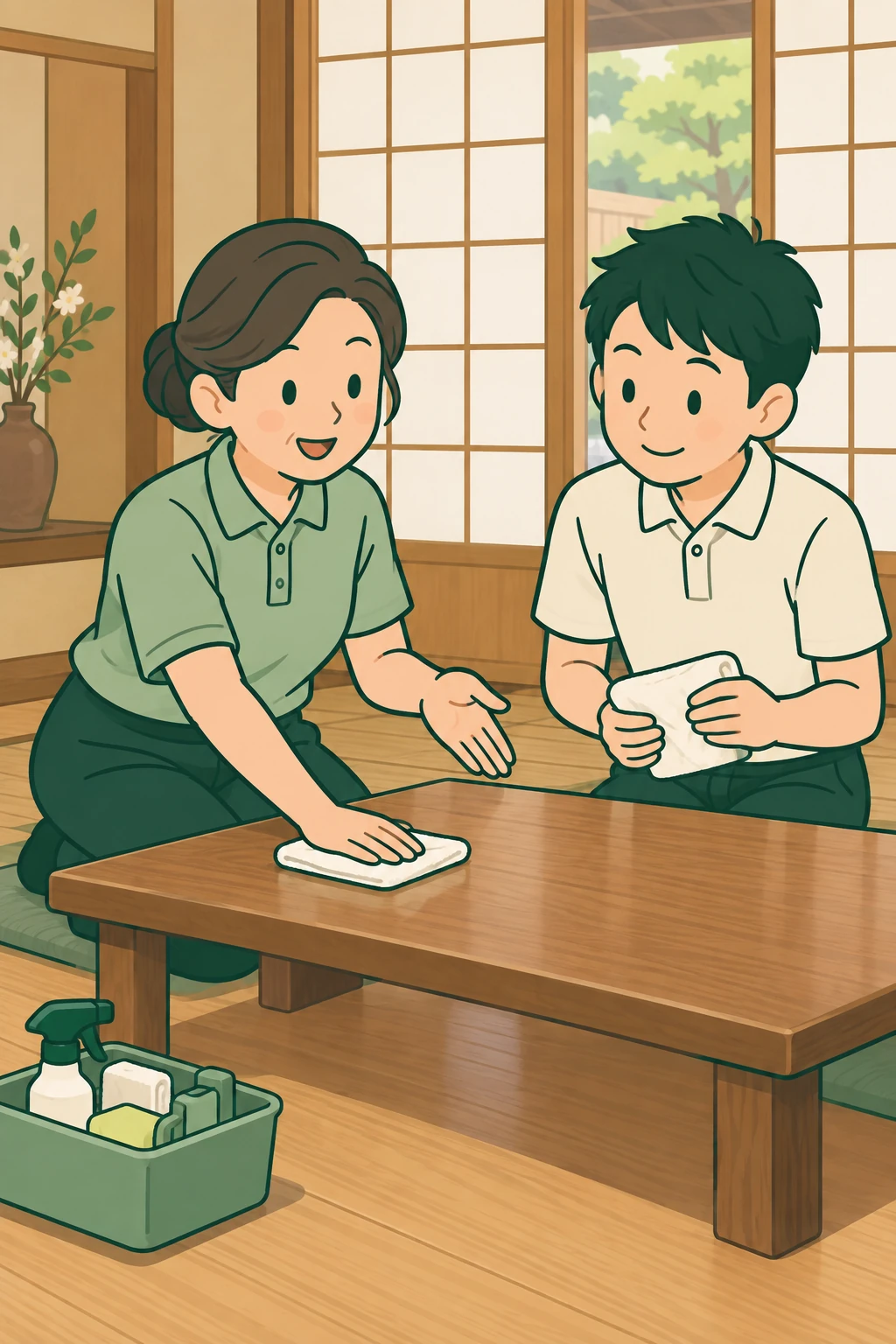 先輩スタッフが低い客室テーブルの拭き方を実演し、新人スタッフが隣で学ぶイメージイラスト