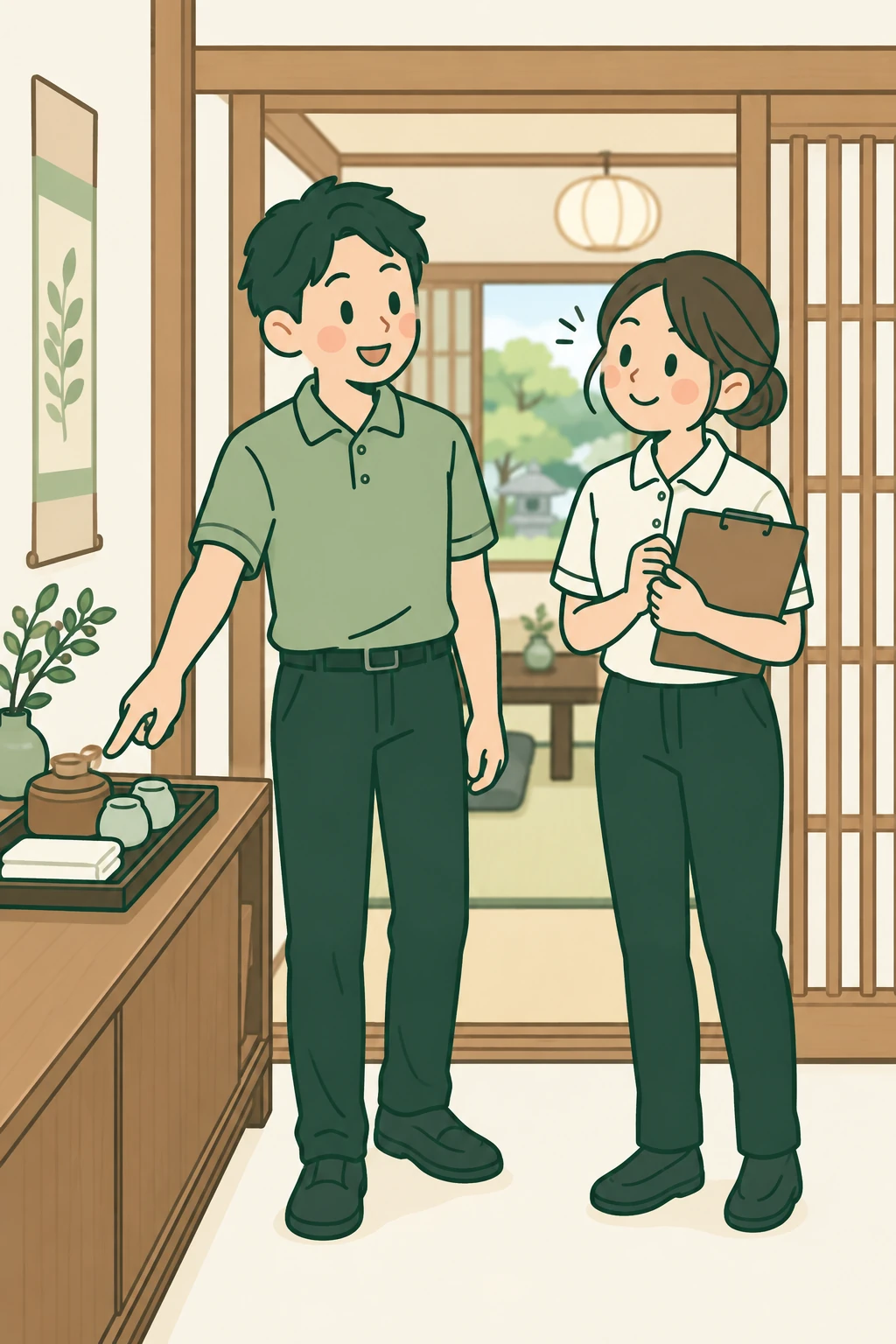 二人のスタッフが客室入口で声をかけ合い、ゲスト用のトレーと確認表をチェックするイメージイラスト