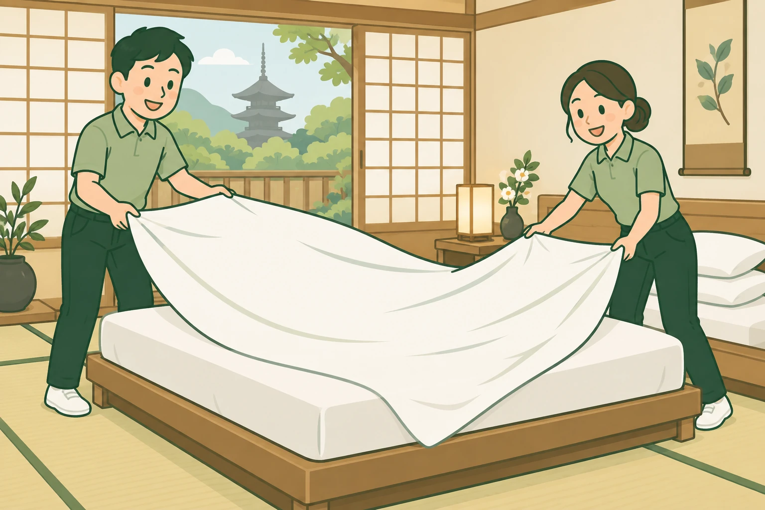 客室のベッドを挟み、二人の清掃スタッフが協力して白いシーツを広げるイメージイラスト